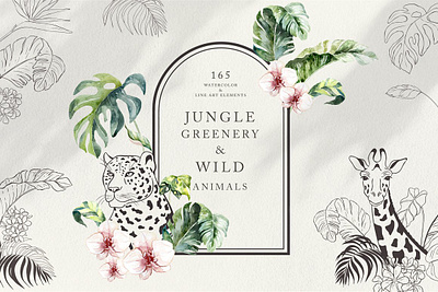 Jungle Greenery & Wild Animals. animals animals illustrated animals logo design fabric gift graphic graphic design graphic elements graphics illustrations jungle greenery line art print printing style vector wild wild animal wild animals