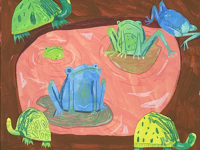 Frogs and Turtles animals childrensbookillustration collage collage art coloredpencil cutpaper design drawing editorialillustration gouache illustration painting