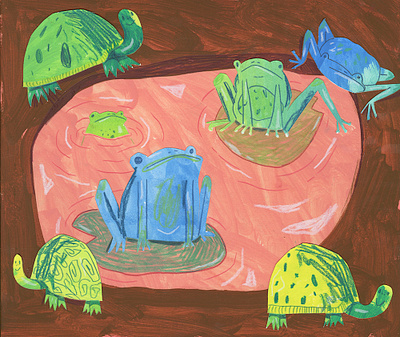 Frogs and Turtles animals childrensbookillustration collage collage art coloredpencil cutpaper design drawing editorialillustration gouache illustration painting