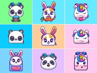 Animals backpack🎒🐼🐰🦄 accessories animal backpack bag colorful cute education face horse icon illustration kids logo panda pet rabbit rainbow ransel school unicorn