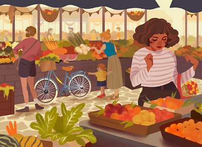 Farmers Market bike character design design diversity farmers market flat flowers food illustration leaves vegetables women