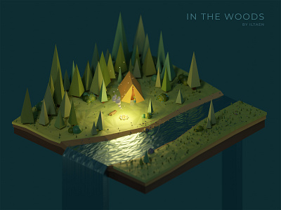 In the woods 3d backpack bonfire design fishing forest game hiking illustration jorney low poly lowpoly model night river survival tent travel trees woods