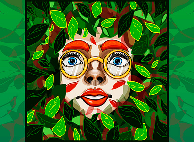 face in foliage design eyes foliage girl glasses gold green illustration leaves miracle nature print redhair summer surprise vector wonders