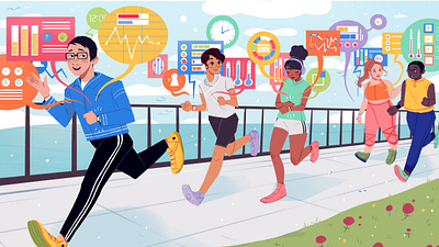 NPR | How I Built This With Guy Raz : James Park, Fit Bit app atheltci character design design diversity exercise fitbit flat illustration outdoorsy podcast running app running cycle technology women