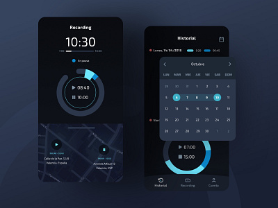 Time Control App - Recording and Historial calendar dark app dark ui map menu recording statistics tabs timer ui ux