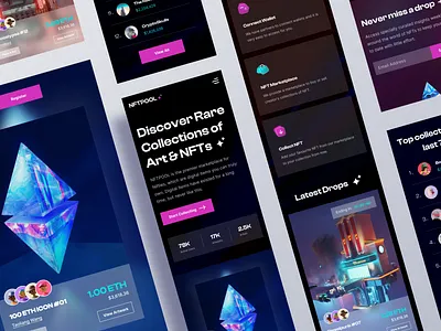 NFTPOOL - NFT Marketplace Landing UI Mobile binance bitcoin blockchain coin creative crypto crypto art crypto website defi landingdesign minimal nft nft marketplace responsive token trade ui uidesign ux web