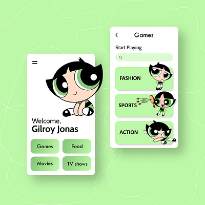 Kids App appdesign buttercup cartoon cartoon network children cuteapp fun games green kids kids app kids illustration playing powerpuff powerpuff girls uiinspirations uiux ux