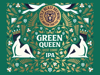 Green Queen beer berry bird brewery crown fern flower foliage geometric hops illustration leaves nature orante plants queen stork vine vintage woman