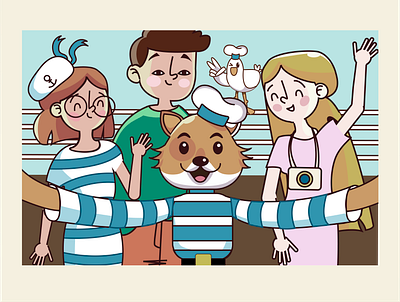 Friends on a walk cosmic illustration people and cat