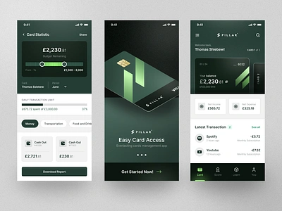 PILLAR - Finance Mobile App 💳 balance card chart clean component credit card design finance fintech fintory green income ios mobile transaction ui uiux ux visa