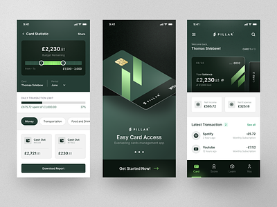 PILLAR - Finance Mobile App 💳 balance card chart clean component credit card design finance fintech fintory green income ios mobile transaction ui uiux ux visa