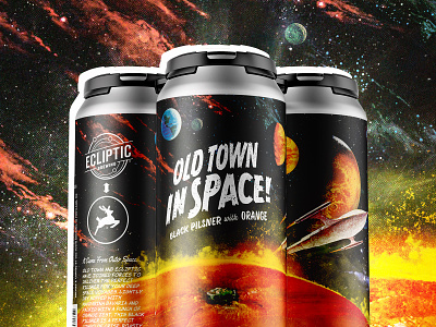 Outer Space beer branding brewery design galaxy illustration label orange packaging paint planet retro rocket ship sci fi science space spaceship sun vintage