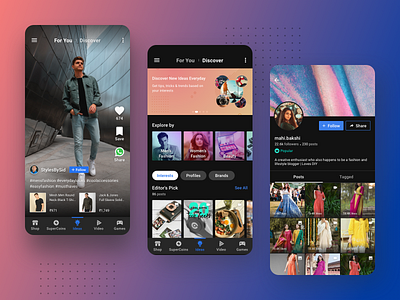 Ideas on Flipkart app design brands creator dark theme dark ui design ecommerce experience follow hashtags influencer interface like material design microinteraction product design social commerce ui ux