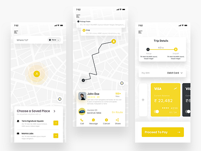 Taxi app app design maps mobile payment taxi transport transportation trip ui ux visual design yellow