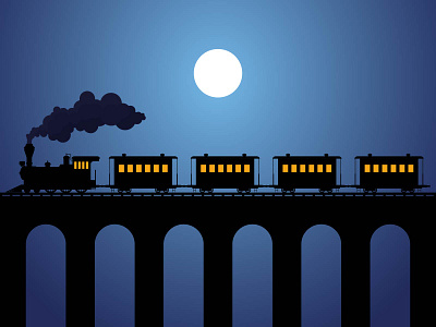 STEAM TRAIN ON THE BRIDGE 2 antique boiler bridge engine locomotive night old rail railing railroad silhouette smoke steam steel tourism train transportation travel vector