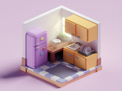 Meeting Doodles - Tiny Kitchen b3d blender illustration isometric low poly orange purple tiny yellow