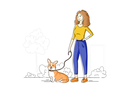 girl with corgi corgi dog dog walker girl human illustration illustrator outline vector walking