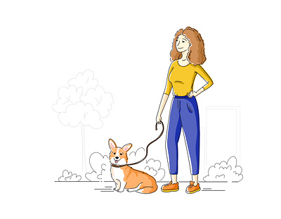 girl with corgi corgi dog dog walker girl human illustration illustrator outline vector walking