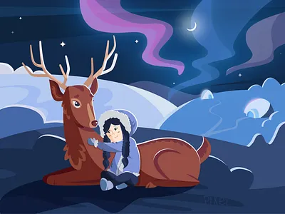 north pole blue deer girl illustration illustrator north north pole postcard vector winter