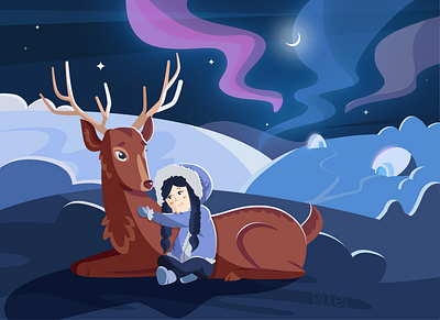 north pole blue deer girl illustration illustrator north north pole postcard vector winter