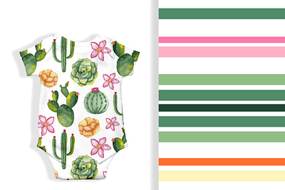 Watercolor succulents, cactus, stripes seamless repeating files design graphic design kids print seamless pattern web