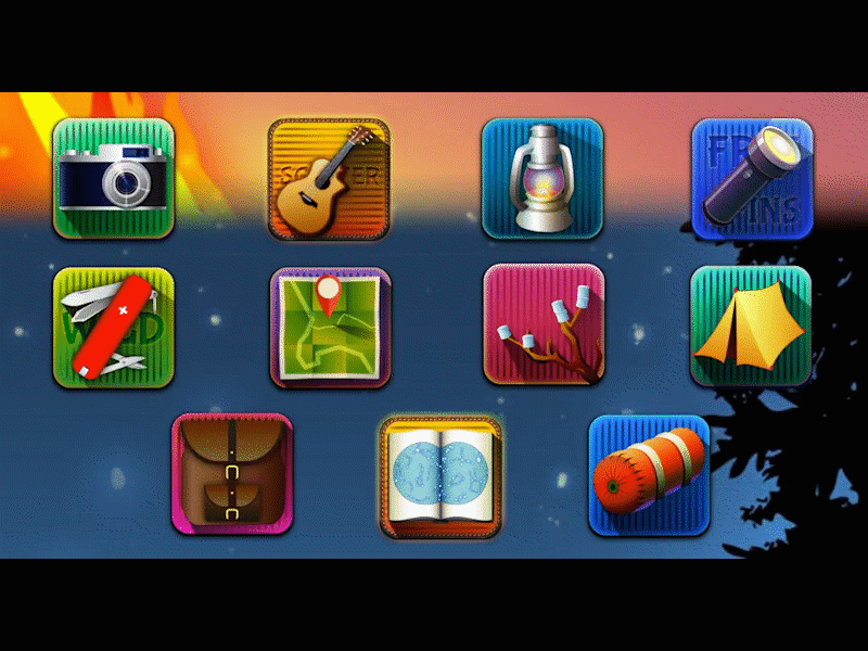 Animated Symbols of Camping under the stars camera camping free spins game guitar icons machine mapping scatter slot stars swiss army knife symbols tent vector vector art video wild
