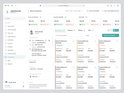 Customers clean constructions service contact information customer details documents filter grid icons saas search sidebar tabs ui ux web design work details