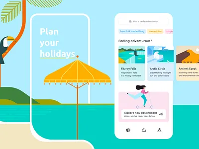 Holidays Planner adventure app arctic beach design destination globe holidays illustration interface layout menu mobile mountains order planner sea toucan ui ux