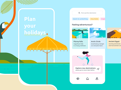 Holidays Planner adventure app arctic beach design destination globe holidays illustration interface layout menu mobile mountains order planner sea toucan ui ux