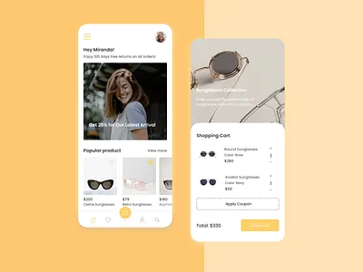 Glasses Store app clean ecommerce glasses menu minimalistic mobile products profile shopping cart title ui ux