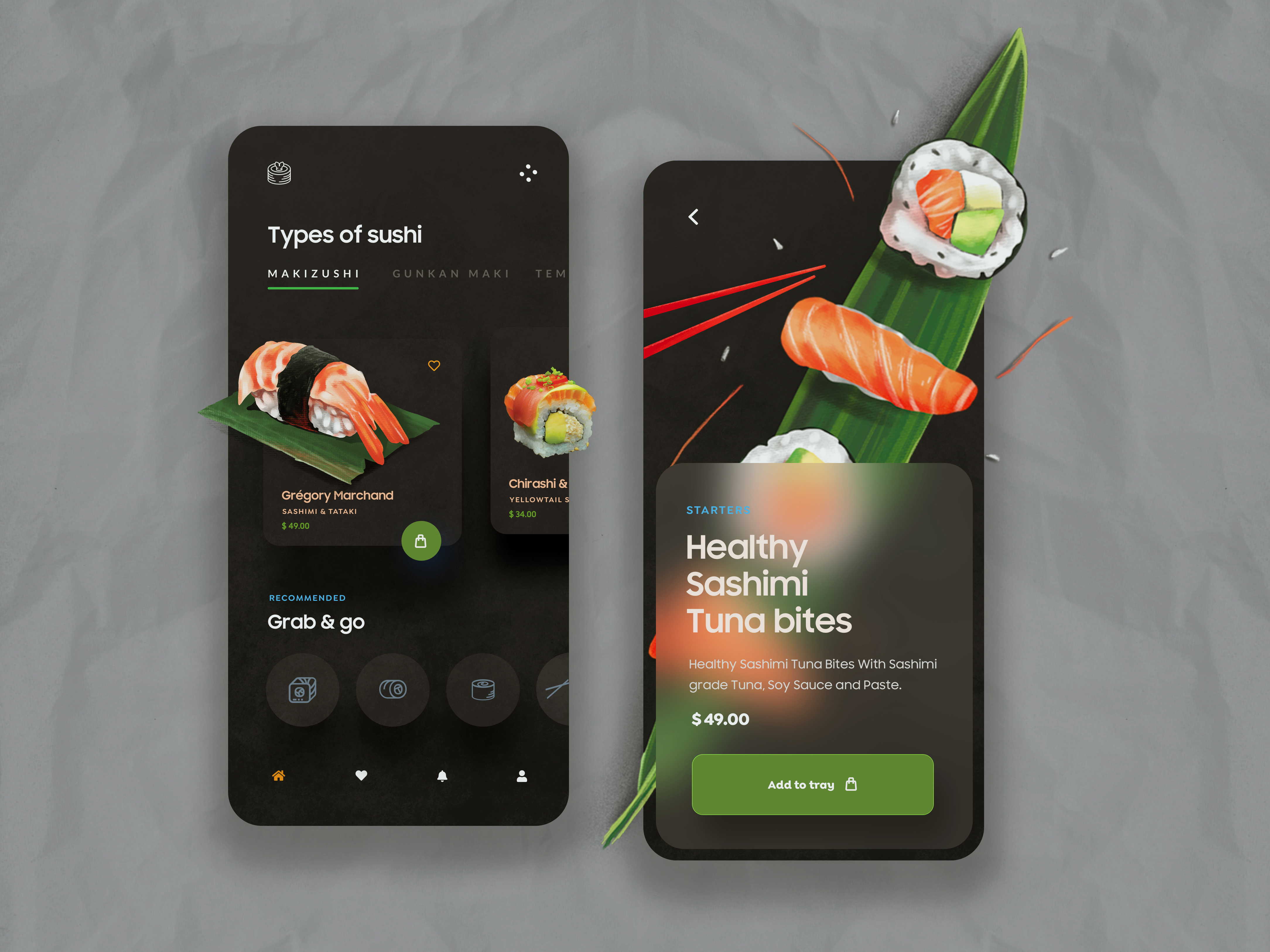 Food App UI Design 3d animation app design dark ui detail ecommerce app food app food app ui health app minimal mobile mobile app online order product design salad summary sushi typogaphy ui design web design