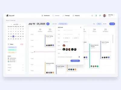 Calendar and event creation for soccer platform admin dashboard admin panel calendar design calendar ui crm design events figma design figmadesign soccer ui ui design uiux user interface design