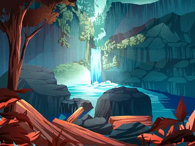 Waterfall art artwork hill illustration art lake leaves spruce stones waterfall