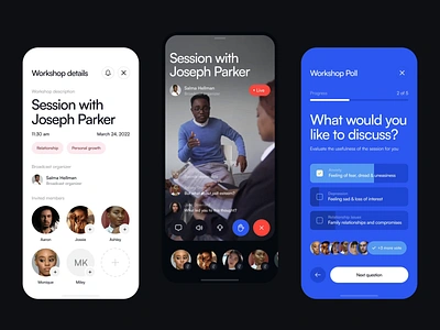 Therapy & Counseling app – Live Sessions animation app broadcast call chat comments community counseling discuss interface live meeting mental health mobile app motion poll product therapy ui voice