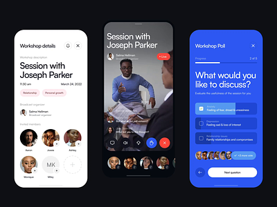 Therapy & Counseling app – Live Sessions animation app broadcast call chat comments community counseling discuss interface live meeting mental health mobile app motion poll product therapy ui voice