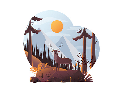 Flat Modern design Illustration of Deer in forest autumn creative deer flat design forest illustration landscape mountain summer vector wild wood