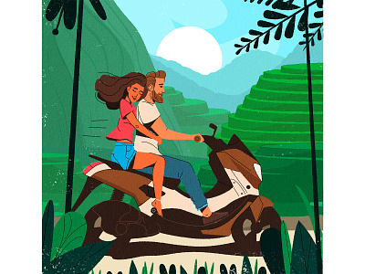 Bali memories 2d character couple flat illustration jungle moto motorbike ride road trip romantic scooter vintage web