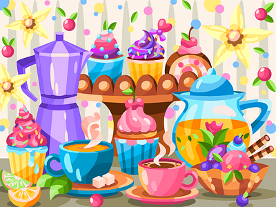 Tea and coffee art artist artwork cake cakes cartoon cartoon illustration coffeeshop coloringbook design draw drawing flat illustration tea