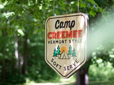 Camp CREEMEE Sign camp cnc handcrafted handmade ice cream logo minnesota outdoor painted sign soft serve sun tent tree vermont wood