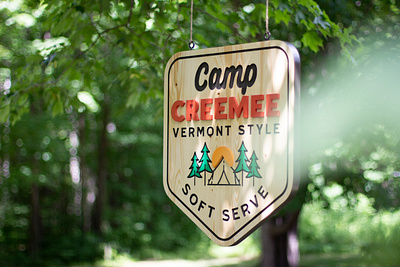 Camp CREEMEE Sign camp cnc handcrafted handmade ice cream logo minnesota outdoor painted sign soft serve sun tent tree vermont wood