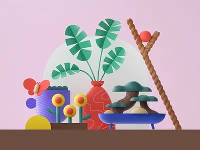 Plant composition 2d 3d butterfly c4d cinema4d design flat flower geometry graphic green icon illustration minimal pattern plamtree plants rope trees vase