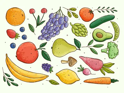 Fruits and veggies 2d artichoke avocado banana broccoli carrot fruits illustration lemon strawberry summer tomato vegetables veggies