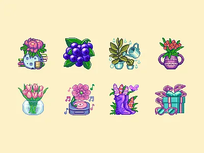 Pixel Plants and Flowers 16bit 8bit game art game design gaming icon icons illustration pixel art pixel flowers pixelart