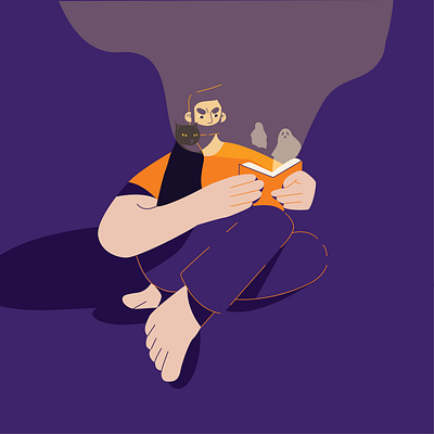A mystery book 2d adobe illustrator cat character design flat ghost illustration man minimalist mystery vector web