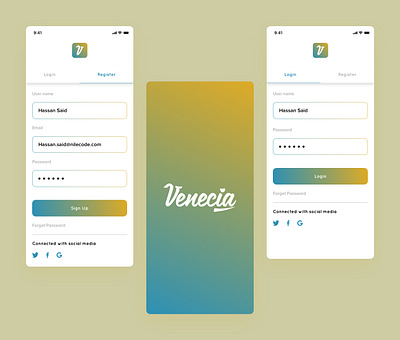 Venecia app | Registration Process app design flat illustration logo minimal mobile app mobile ui mockup typography ui ux ux process