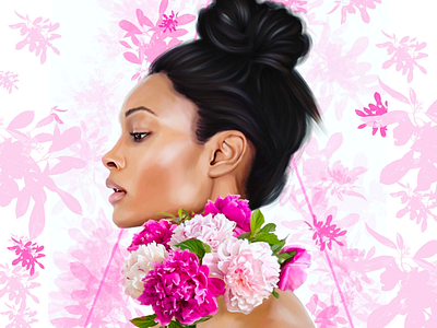 Peony girl beauty black girl bun digital art digital drawing drawing flowers girl girl illustration girl portrait illustration model peony pink portrait realistic realistic drawing realistic portrait