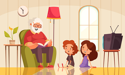 Grandpa reading a book cartoon flat grandchildren grandpa illustration reading vector