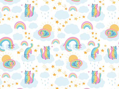 Rainbow cat seamless pattern adobe illustrator cartoon cat children cloud design doodle fantasy flat illustration kids kitten kitty love pattern rain sky star sun vector