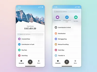 Mobile Banking App - Action panel actions app banking app colorful financial fintech flat design investment ios mobile mobile banking mountains panel sketch transactions ui ux
