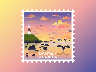 Montauk Stamp beach dolphins illustration lighthouse montauk summer sunset whales